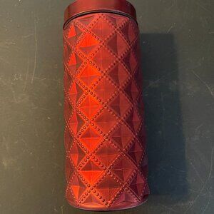 tall glass lidded red jar 11 inches tall (108)